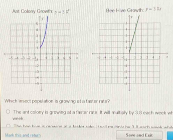 Ant Colony Growth: y=3.8^x Bee Hive Growth: y=3.8x
Which insect population is growing at a faster rate?
The ant colony is growing at a faster rate. It will multiply by 3.8 each week wh
week
The hoe hive is orowinn at a faster rate. It will multinly by 9 8 each week whill
Mark this and return Save and Exit