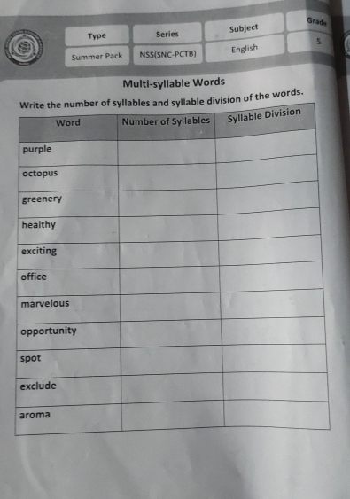 Grade 
Subject 
Type Series 
Summer Pack NSS(SNC-PCTB) 
English 5 
Multi-syllable Words 
ords.