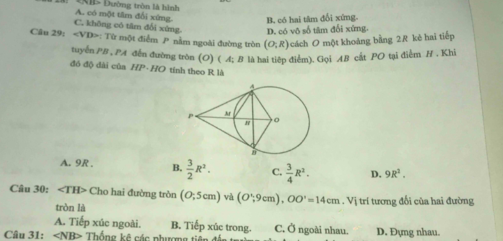 NB> Đường tròn là hình
A. có một tâm đối xứng.
B. có hai tâm đối xứng.
C. không cỏ tâm đối xứng.
D. có vô số tâm đối xứng.
Câu 29: ∠ VD> : Từ một điểm P nằm ngoài đường tròn (O;R) cách O một khoảng bằng 2 kè hai tiếp
tuyến PB, PA đến đường tròn (O) ( A; B là hai tiêp điểm), Gọi AB cắt PO tại điểm H . Khi
đó độ dài của HP· HO tính theo R là
A. 9R.
B.  3/2 R^2. C.  3/4 R^2. D. 9R^2. 
Câu 30: ∠ TH> Cho hai đường tròn (0;5cm) và (O';9cm), OO'=14cm. Vị trí tương đối của hai đường
tròn là
A. Tiếp xúc ngoài. B. Tiếp xúc trong. C. Ở ngoài nhau. D. Đựng nhau.
Câu 31: ∠ NB> Thống kê các phượng tiên