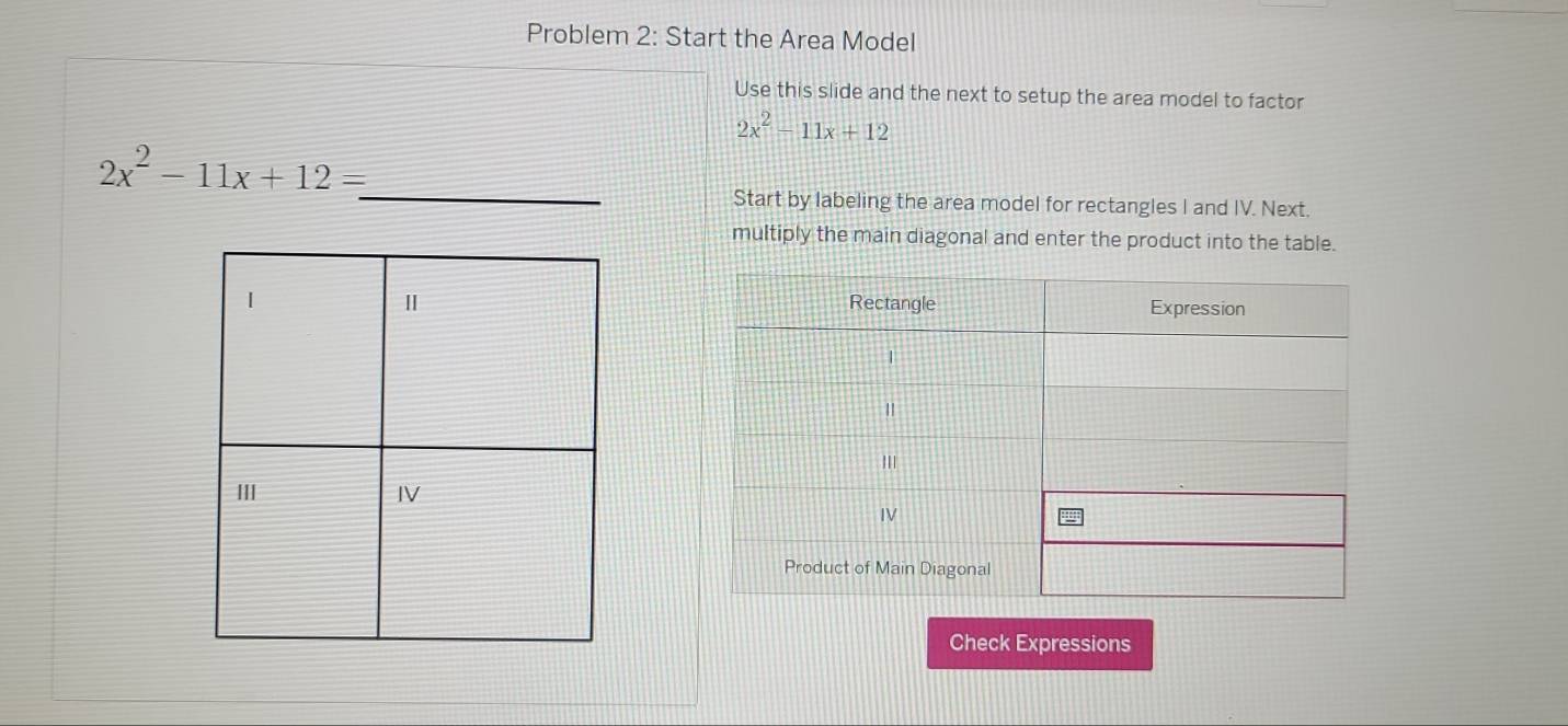 Problem 2: Start the Area Model 
Use this slide and the next to setup the area model to factor
2x^2-11x+12
2x^2-11x+12=
_ 
Start by labeling the area model for rectangles I and IV. Next. 
multiply the main diagonal and enter the product into the table. 
Check Expressions