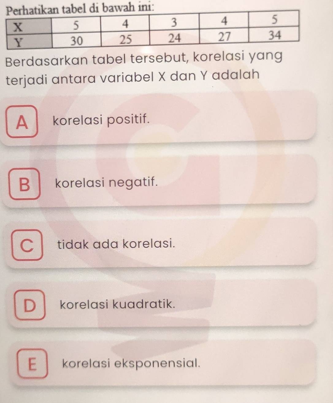 ini:
Berdasarkan tabel tersebut, korelasi yang
terjadi antara variabel X dan Y adalah
A korelasi positif.
B korelasi negatif.
C tidak ada korelasi.
D korelasi kuadratik.
E_korelasi eksponensial.