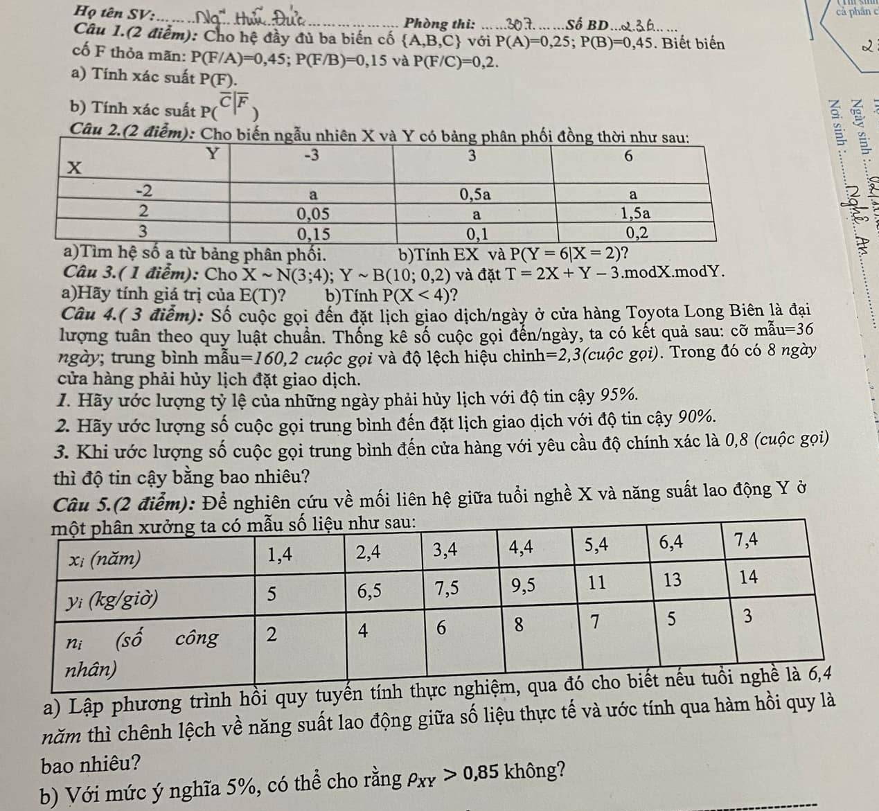 cả phân c
Họ tên SV: __Phòng thi:
Câu 1.(2 điểm): Cho hệ đầy đủ ba biến cố  A,B,C với_ P(A)=0,25;P(B)=0,45 _ . Biết biến
2
cố F thỏa mãn: P(F/A)=0,45;P(F/B)=0,15 và P(F/C)=0,2.
a) Tính xác suất P(F).
b) Tính xác suất P(overline C|overline F)
Câu 2.(2 điễm)
a)Tìm hệ số a từ bảng phân phối. b)Tính EX và P(Y=6|X=2) 2
P
Câu 3.( 1 điểm): Cho Xsim N(3;4);Ysim B(10;0,2) và đặt T=2X+Y-3.modX.modY.
a)Hãy tính giá trị của E(T) ? b) Tính P(X<4) ?
Câu 4.( 3 điểm): Số cuộc gọi đến đặt lịch giao dịch/ngày ở cửa hàng Toyota Long Biên là đại
lượng tuân theo quy luật chuẩn. Thống kê số cuộc gọi đến/ngày, ta có kết quả sau: cỡ mẫt a=36
ngày; trung bình mẫu =160,2 cuộc gọi và độ lệch hiệu chinh=2,3(cuộc gọi). Trong đó có 8 ngày
cửa hàng phải hủy lịch đặt giao dịch.
1. Hãy ước lượng tỷ lệ của những ngày phải hủy lịch với độ tin cậy 95%.
2. Hãy ước lượng số cuộc gọi trung bình đến đặt lịch giao dịch với độ tin cậy 90%.
3. Khi ước lượng số cuộc gọi trung bình đến cửa hàng với yêu cầu độ chính xác là 0,8 (cuộc gọi)
thì độ tin cậy bằng bao nhiêu?
Câu 5.(2 điểm): Để nghiên cứu về mối liên hệ giữa tuổi nghề X và năng suất lao động Y ở
a) Lập phương trình hồi quy tuyến tính
năm thì chênh lệch về năng suất lao động giữa số liệu thực tế và ước tính qua hàm hồi quy là
bao nhiêu?
b) Với mức ý nghĩa 5%, có thể cho rằng rho _XY>0,85 không?