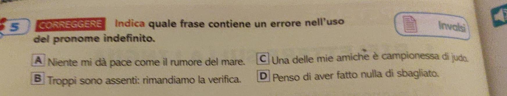 CORREGGERE Indica quale frase contiene un errore nell'uso
Invalsi
del pronome indefinito.
Niente mi dà pace come il rumore del mare. C Una delle mie amiche è campionessa di judo.
B Troppi sono assenti: rimandiamo la verifica. D Penso di aver fatto nulla di sbagliato.