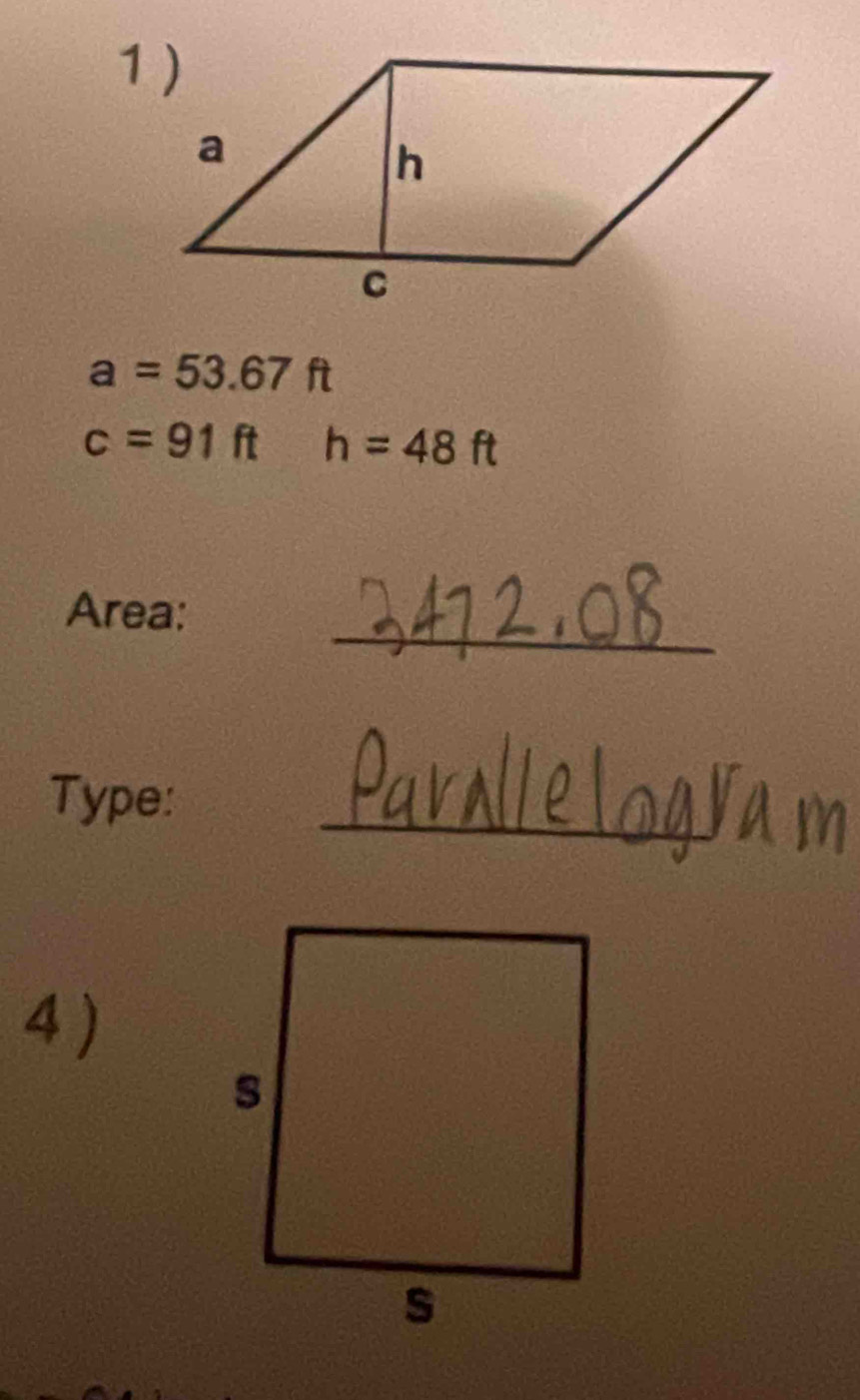 a=53.67ft
c=91ft h=48ft
_ 
Area: 
Type: 
_ 
4 )