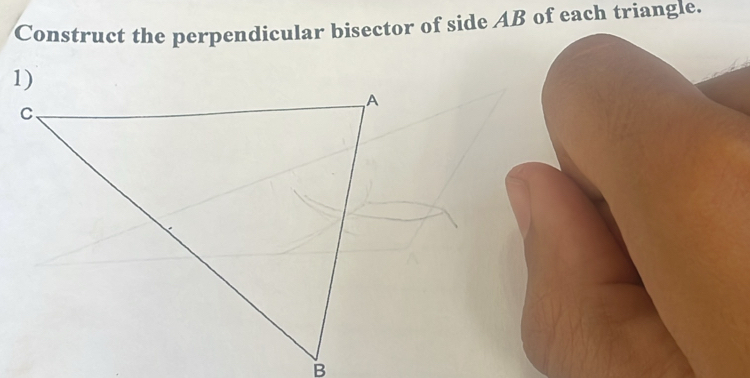 Construct the perpendicular bisector of side AB of each triangle.