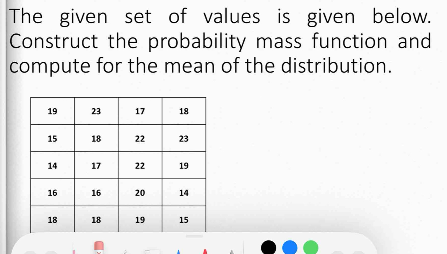 The given set of values is given below. 
Construct the probability mass function and 
compute for the mean of the distribution.