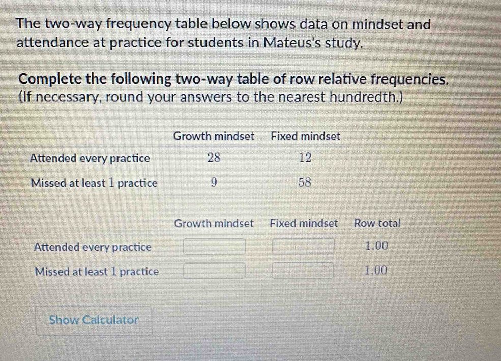 Solved: The two-way frequency table below shows data on mindset and ...