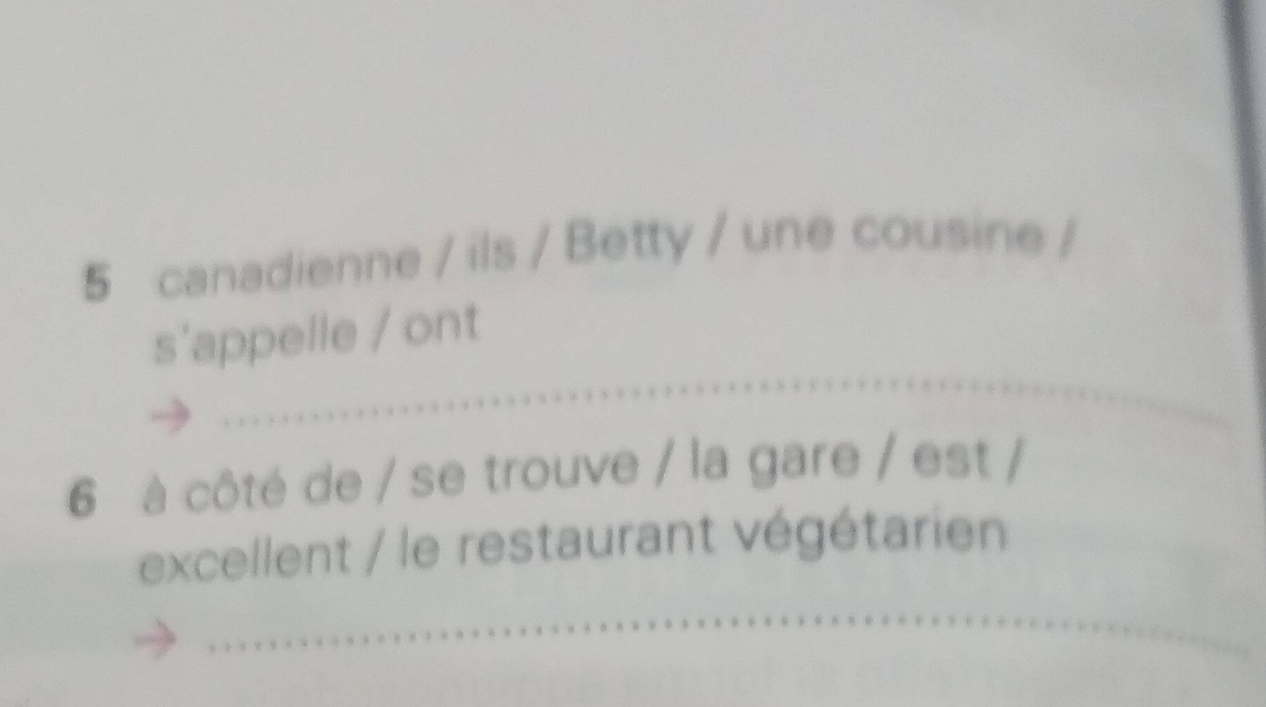 canadienne / ils / Betty / une cousine / 
_ 
s'appelle / ont 
6 à côté de / se trouve / la gare / est / 
excellent / le restaurant végétarien 
_