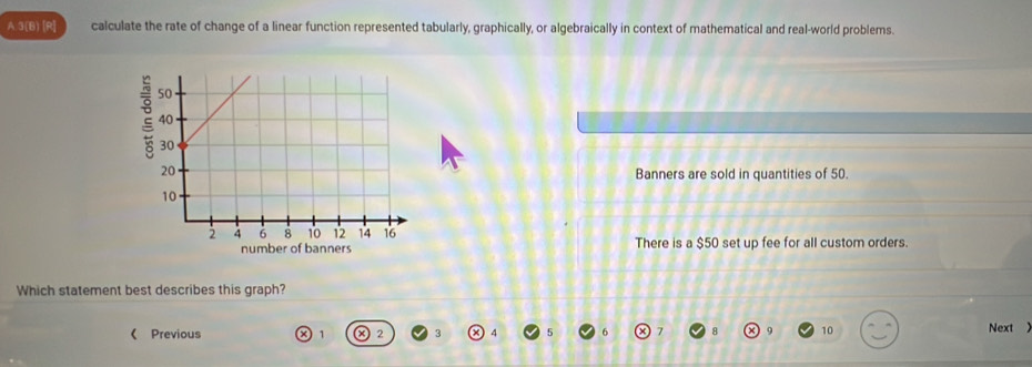 3(B)[R] calculate the rate of change of a linear function represented tabularly, graphically, or algebraically in context of mathematical and real-world problems. 
Banners are sold in quantities of 50. 
There is a $50 set up fee for all custom orders. 
Which statement best describes this graph? 
A 
Previous 1 10 Next