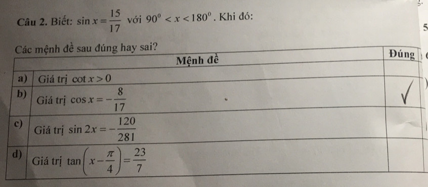 Biết: sin x= 15/17  với 90^0 . Khi đó:
5