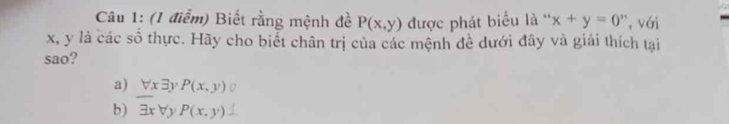 Biết rằng mệnh đề P(x,y) được phát biểu là “ x+y=0^, , với
x, y là các số thực. Hãy cho biết chân trị của các mệnh đề dưới đây và giải thích tại 
sao? 
a) forall xexists P(x,y)
b) overline exists xforall V P(x,y)