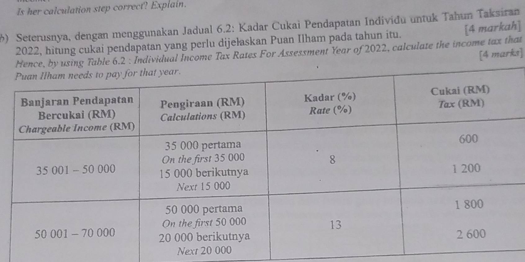 Is her calculation step correct? Explain.
) Seterusnya, dengan menggunakan Jadual 6.2: Kadar Cukai Pendapatan Individu untuk Tahun Taksiran
[4 markah]
2022, hitung cukai pendapatan yang perlu dijelaskan Puan Ilham pada tahun itu.
2 : Individual Income Tax Rates For Assessment Year of 2022, calculate the income tax that
[4 marks]