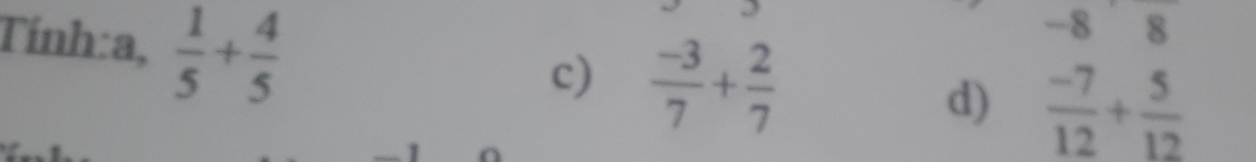 Tính:a,  1/5 + 4/5 
-88
c)  (-3)/7 + 2/7  d)  (-7)/12 + 5/12 
1