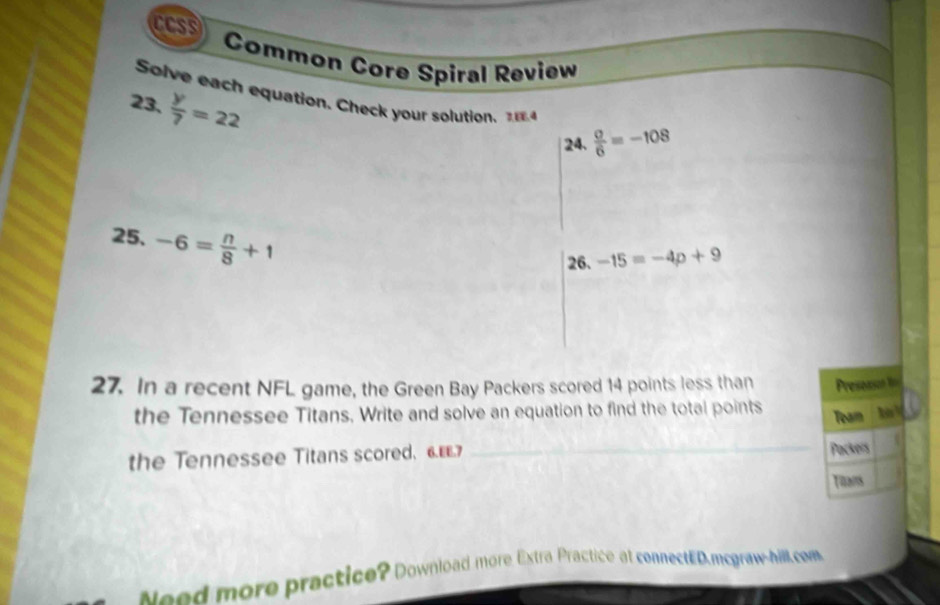 CCss 
Common Core Spiral Review 
23.  y/7 =22
Solve each equation. Check your solution.  sigma /6 =-108
24. 
25. -6= n/8 +1
26. -15=-4p+9
27. In a recent NFL game, the Green Bay Packers scored 14 points less than Presesson 
the Tennessee Titans, Write and solve an equation to find the total points 
Tem 
the Tennessee Titans scored. 6 
_Packers 
Tiams 
seod more practice? Download more Extra Practice at connectED.mcgraw-hill.com