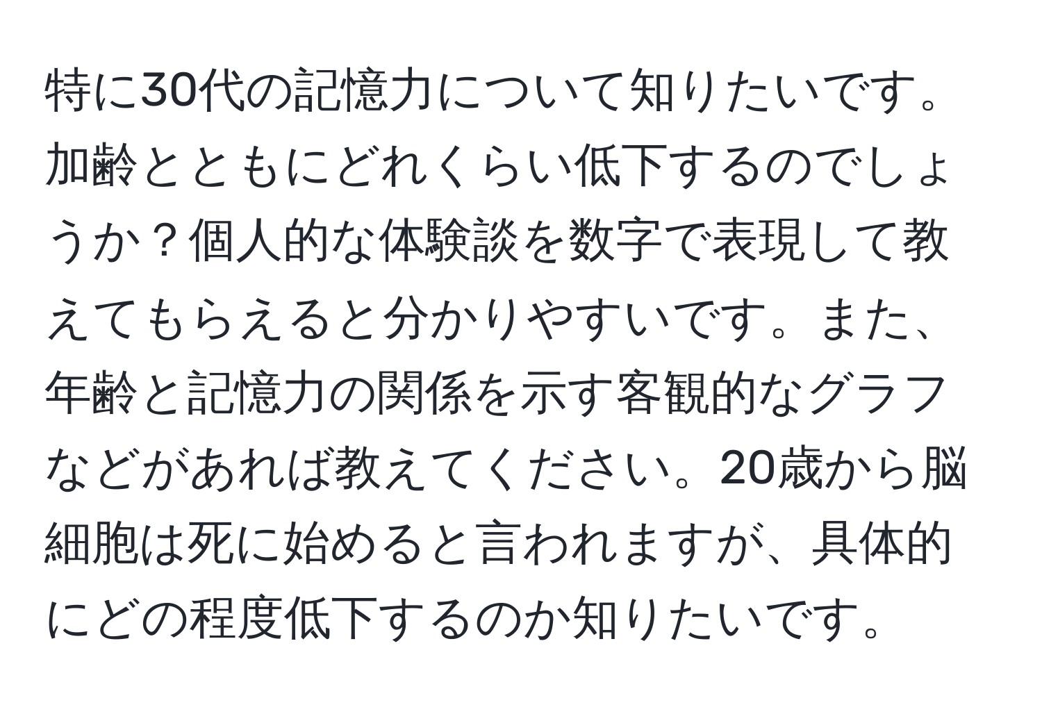 特に30代の記憶力について知りたいです。加齢とともにどれくらい低下するのでしょうか？個人的な体験談を数字で表現して教えてもらえると分かりやすいです。また、年齢と記憶力の関係を示す客観的なグラフなどがあれば教えてください。20歳から脳細胞は死に始めると言われますが、具体的にどの程度低下するのか知りたいです。