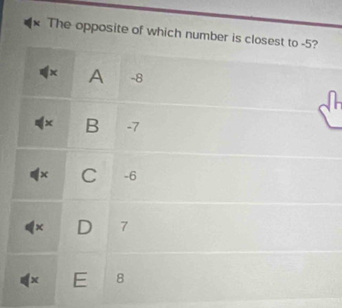 The opposite of which number is closest to -5?
X A -8
x B -7
x C -6
x D 7
E 8