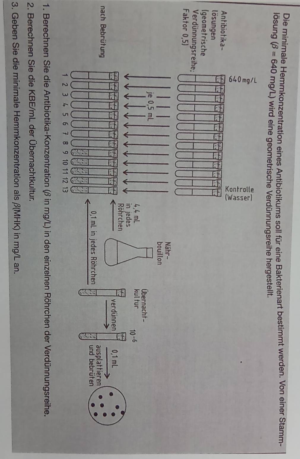 Die minimale Hemmkonzentration eines Antibiotikums soll für eine Bakterienart bestimmt werden. Von einer Stamm-
lösung (beta =640mg/L) wird eine geometrische Verdünnungsreihe hergestellt.
l
(
F
na
1. Berechnen Sie die Antibiotika-Konzentration (β in mg/L) in den einzelnen Röhrchen der Verdünnungsreihe.
2. Berechnen Sie die KBE/mL der Übernachtkultur.
3. Geben Sie die minimale Hemmkonzentration als β(MH K ) in mg/L an.