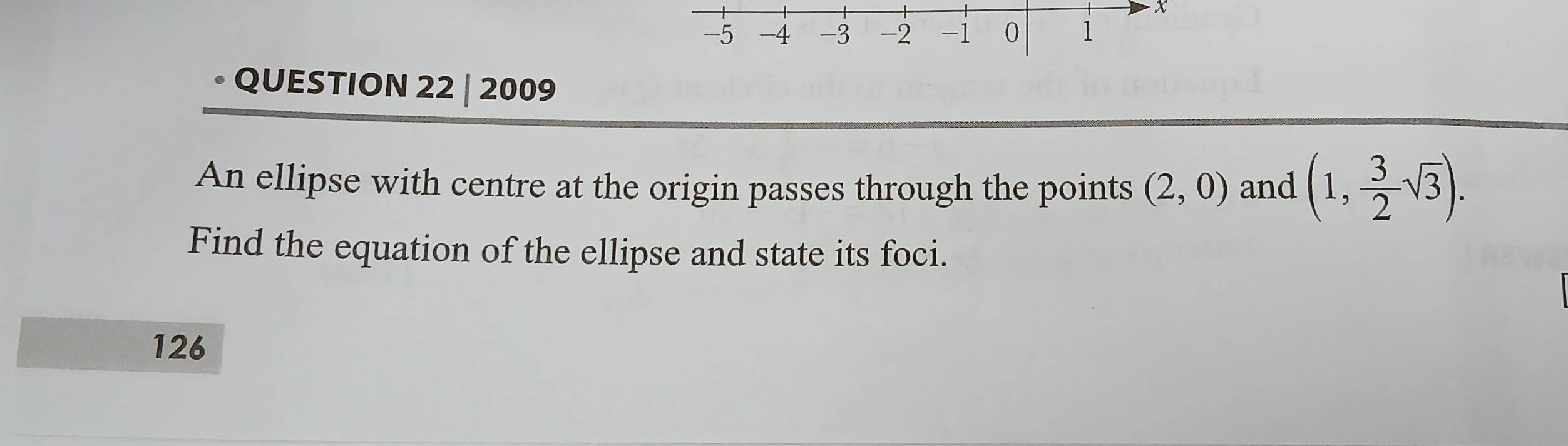 x
-5 -4 -3 -2 -1 0 1
QUESTION 22 | 2009 
An ellipse with centre at the origin passes through the points (2,0) and (1, 3/2 sqrt(3)). 
Find the equation of the ellipse and state its foci. 
126