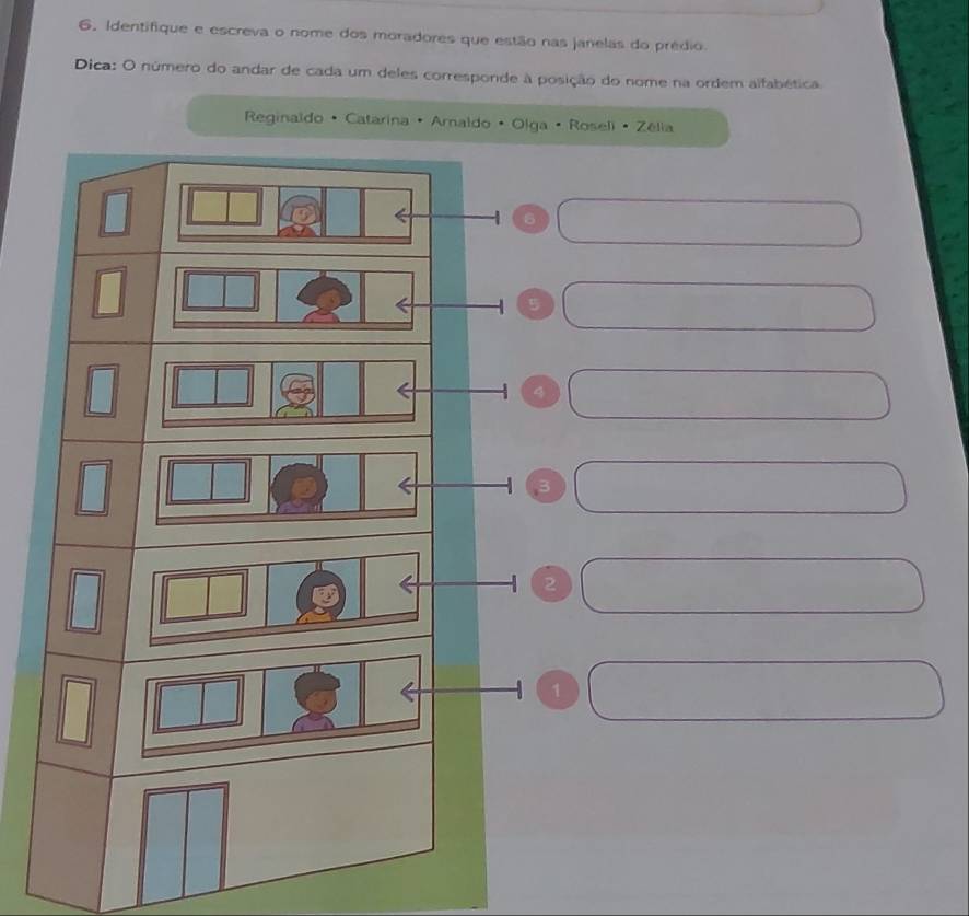 Identifique e escreva o nome dos moradores que estão nas janelas do prédio. 
Dica: O número do andar de cada um deles corresponde à posição do nome na ordem alfabética 
Reginaldo + Catarina · Araldo · Olga • Roseli • Zélia 
1