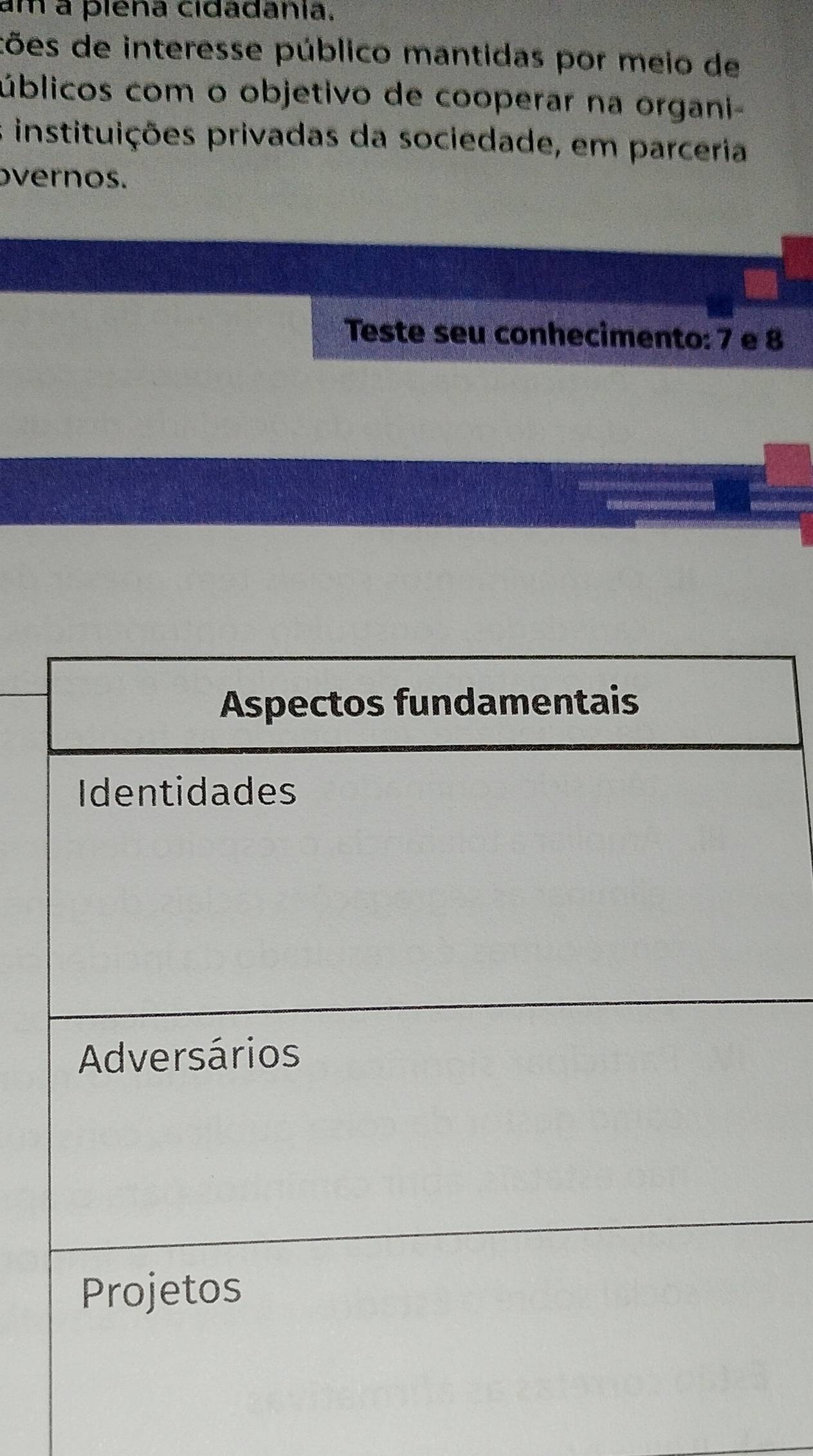 am a plêna cidadânia. 
cões de interesse público mantidas por meio de 
úblicos com o objetivo de cooperar na organi- 
s instituições privadas da sociedade, em parceria 
overnos. 
Teste seu conhecimento: 7 e 8