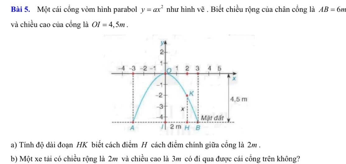 Một cái cổng vòm hình parabol y=ax^2 như hình vẽ . Biết chiều rộng của chân cổng là AB=6m
và chiều cao của cổng là OI=4,5m. 
a) Tính độ dài đoạn HK biết cách điểm H cách điểm chính giữa cổng là 2m. 
b) Một xe tải có chiều rộng là 2m và chiều cao là 3m có đi qua được cái cổng trên không?