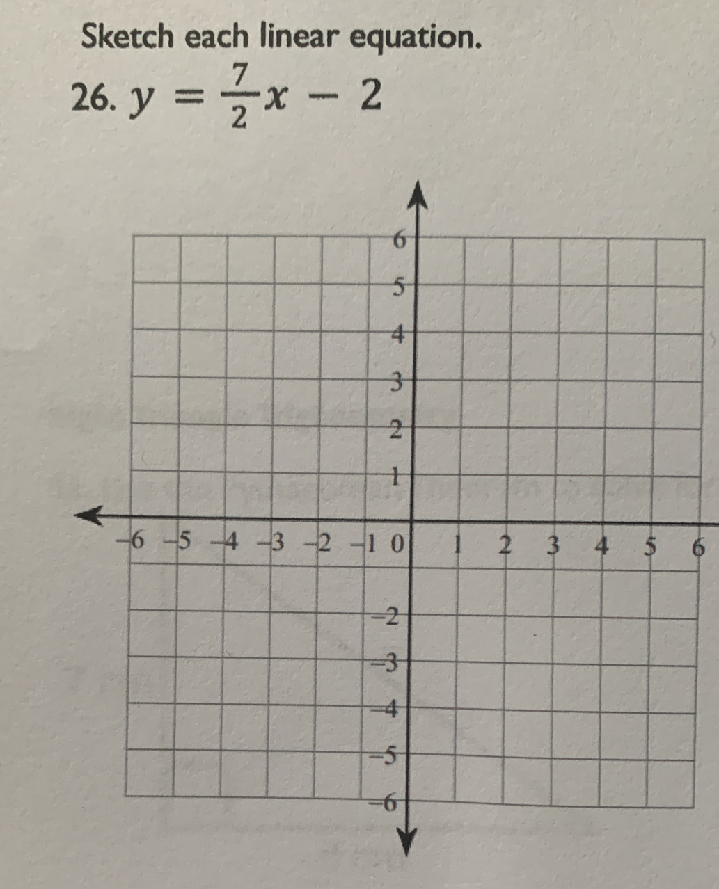 Sketch each linear equation. 
26. y= 7/2 x-2
6