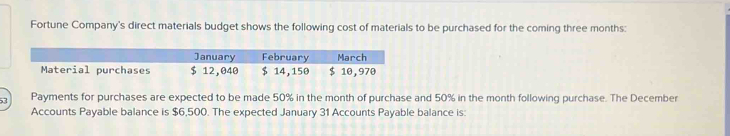 Fortune Company's direct materials budget shows the following cost of materials to be purchased for the coming three months : 
January February March 
Material purchases $ 12,040 $ 14,150 $ 10,970
Payments for purchases are expected to be made 50% in the month of purchase and 50% in the month following purchase. The December 
Accounts Payable balance is $6,500. The expected January 31 Accounts Payable balance is: