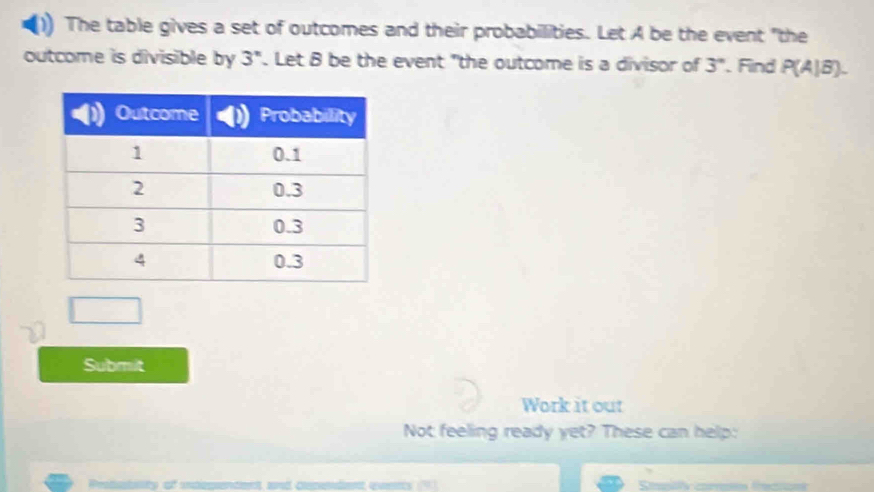 The table gives a set of outcomes and their probabilities. Let A be the event "the 
outcome is divisible by 3°. Let B be the event "the outcome is a divisor of 3°. Find P(A|B). 
Submit 
Work it out 
Not feeling ready yet? These can help: 
Protatality of intizpantent, and cpendent, events (7