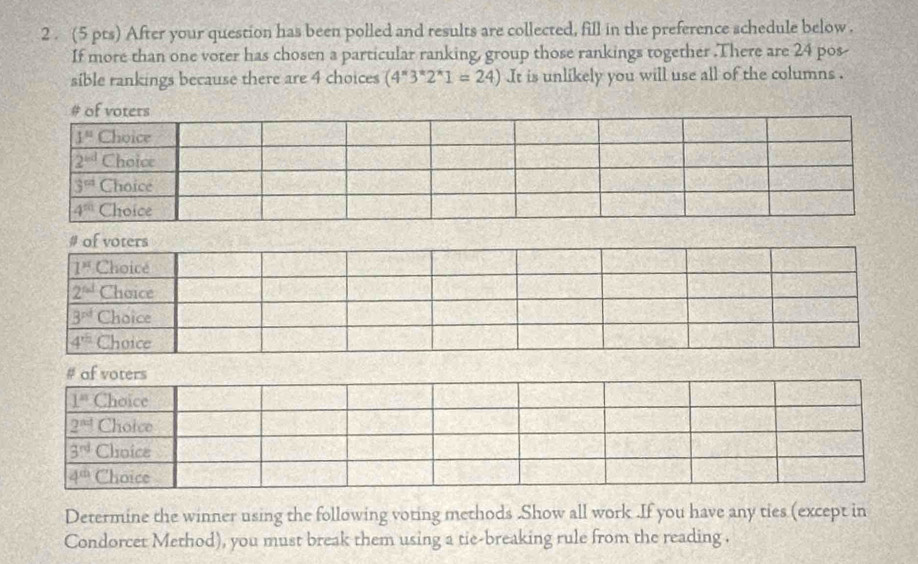 2 . (5 pts) After your question has been polled and results are collected, fill in the preference schedule below .
If more than one voter has chosen a particular ranking, group those rankings together .There are 24 pos-
sible rankings because there are 4 choices (4^*3^*2^*1=24) It is unlikely you will use all of the columns .
Determine the winner using the following voting methods .Show all work .If you have any ties (except in
Condorcet Method), you must break them using a tie-breaking rule from the reading .