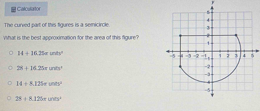 Calculator
The curved part of this figures is a semicircle.
What is the best approximation for the area of this figure?
14+16.25π units^2
28+16.25π units^2
14+8.125π units^2
28+8.125π units^2