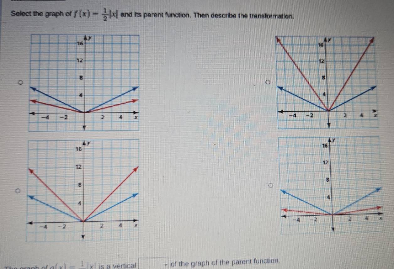 Select the graph of f(x)= 1/2 |x| and its parent function. Then describe the transformation. 
。
a(x)=1|x| is a vertical □ of the graph of the parent function.