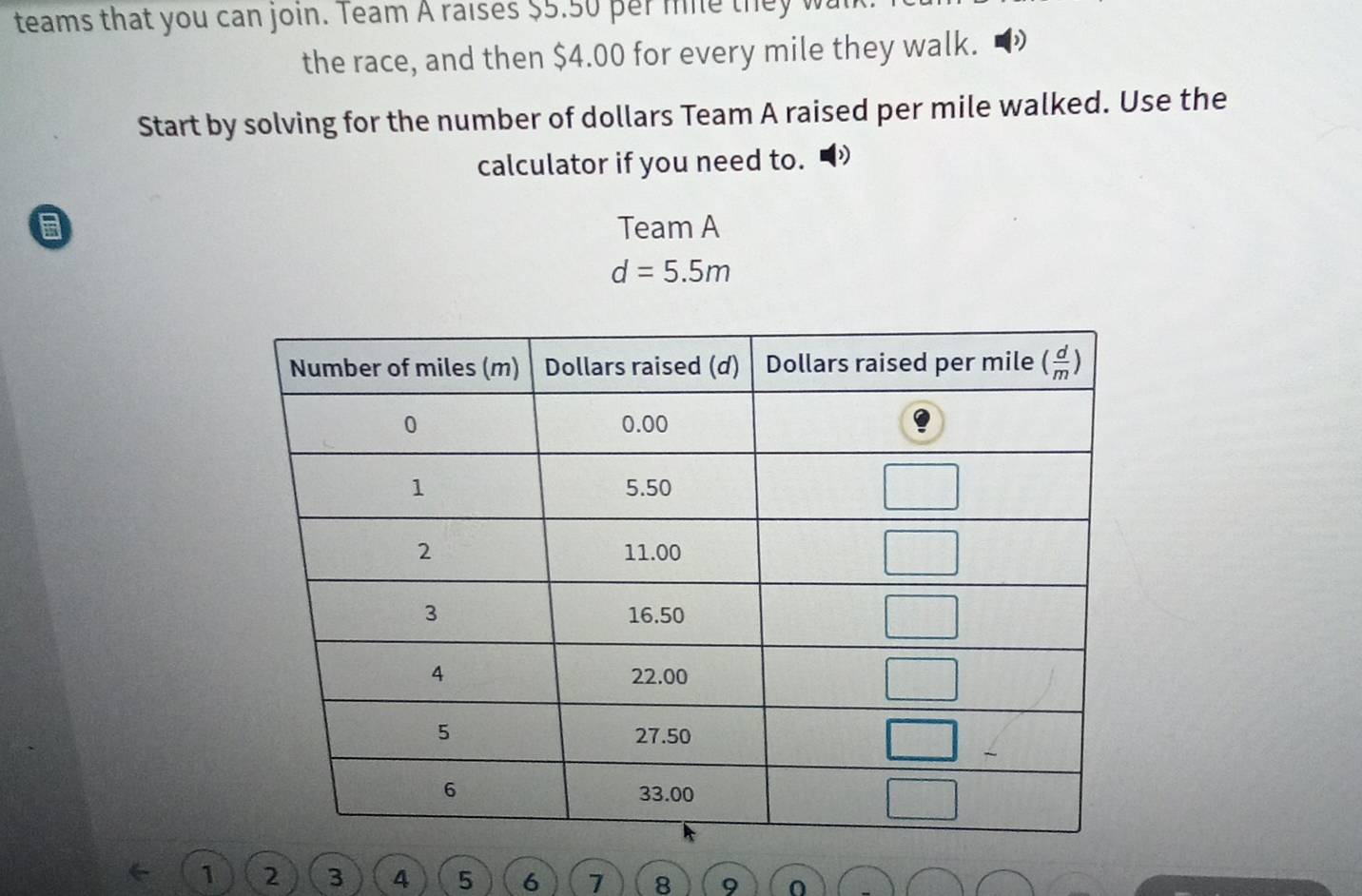 teams that you can join. Team A raises $5.50 per mie they wa
the race, and then $4.00 for every mile they walk.
Start by solving for the number of dollars Team A raised per mile walked. Use the
calculator if you need to.
Team A
d=5.5m
1 2 3 4 5 6 7 8 9 0