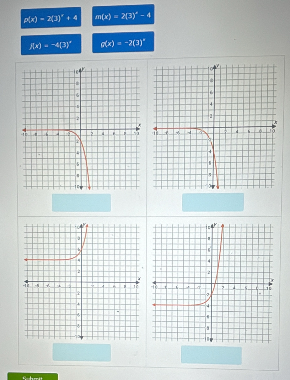 p(x)=2(3)^x+4 m(x)=2(3)^x-4
j(x)=-4(3)^x g(x)=-2(3)^x
Submit