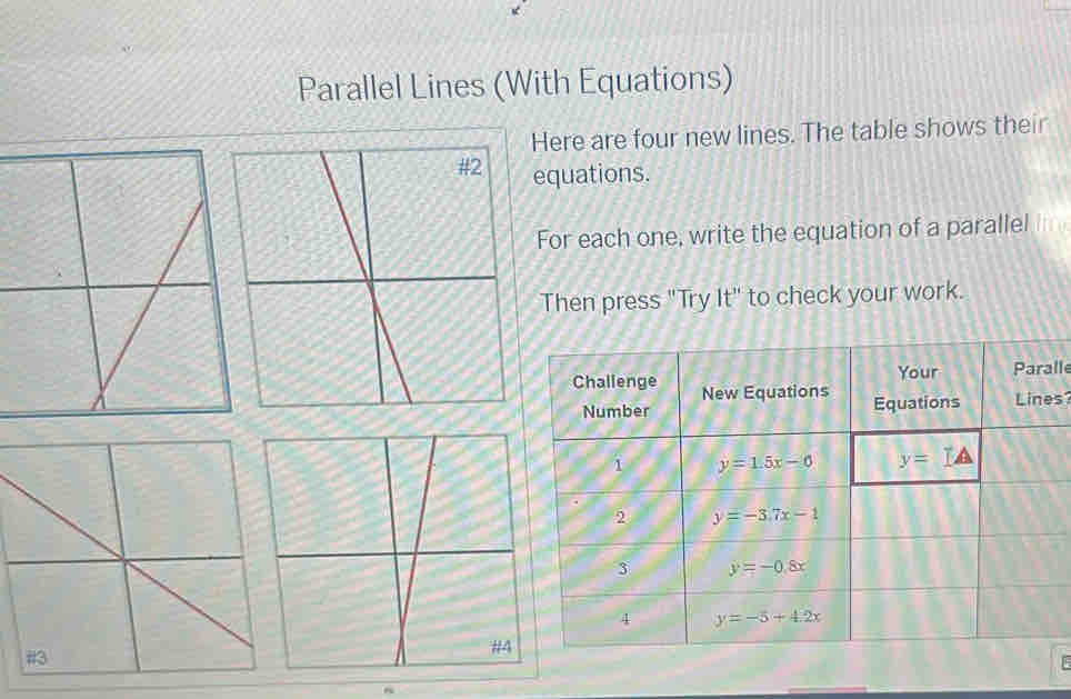 Parallel Lines (With Equations)
Here are four new lines. The table shows their
equations.
For each one, write the equation of a parallel
Then press "Try It" to check your work.
lle
s