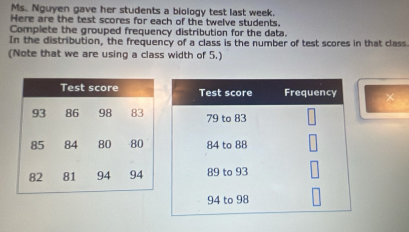 Ms. Nguyen gave her students a biology test last week. 
Here are the test scores for each of the twelve students. 
Complete the grouped frequency distribution for the data. 
In the distribution, the frequency of a class is the number of test scores in that class. 
(Note that we are using a class width of 5.)