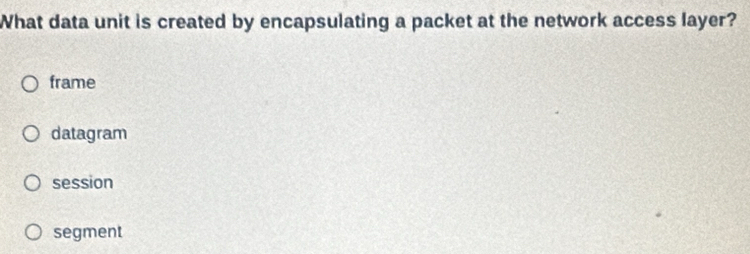 What data unit is created by encapsulating a packet at the network access layer?
frame
datagram
session
segment