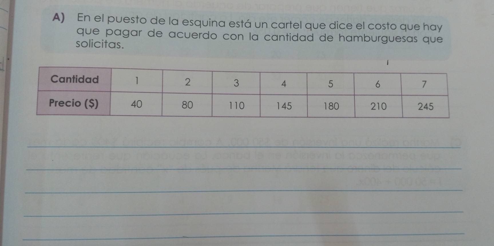 En el puesto de la esquina está un cartel que dice el costo que hay 
que pagar de acuerdo con la cantidad de hamburguesas que 
solicitas. 
_ 
_ 
_ 
_ 
_