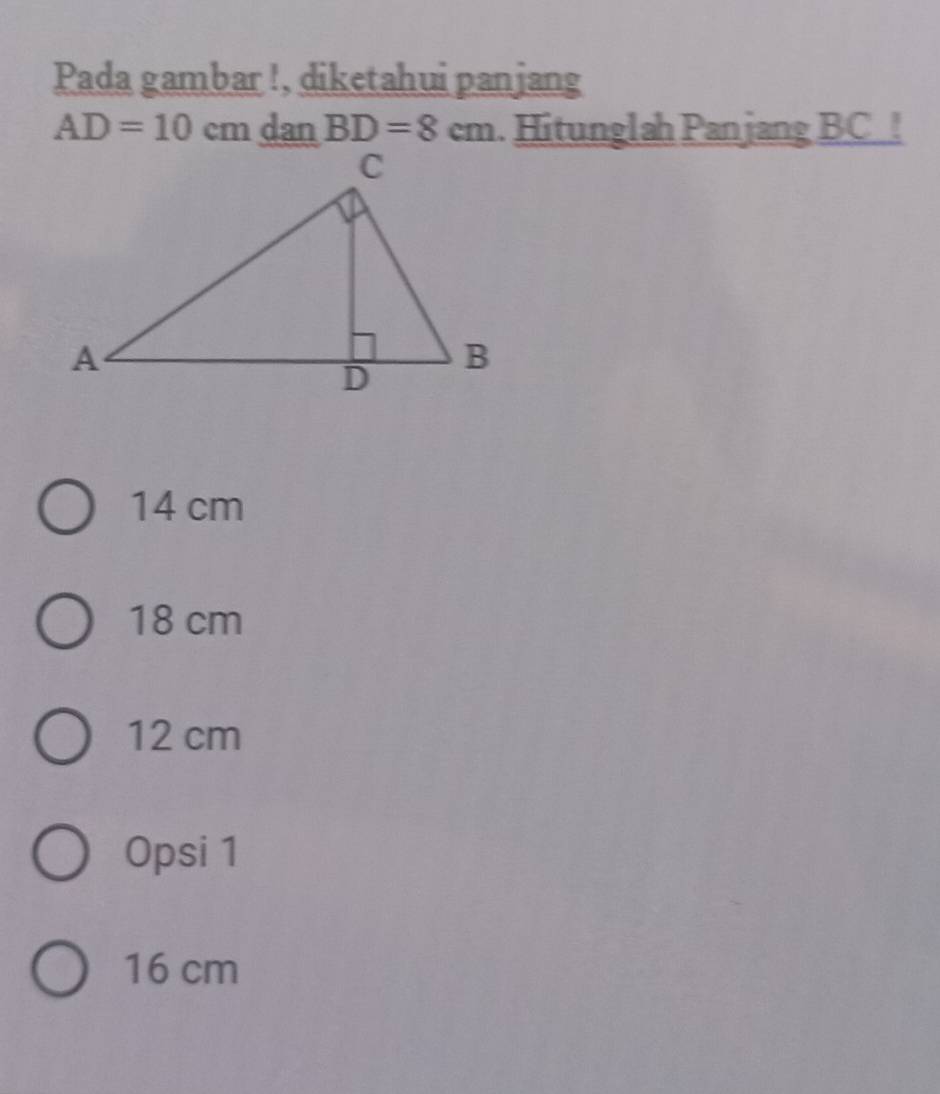 Pada gambar !, diketahui panjang
AD=10cm dan BD=8cm. Hitunglah Panjang BC _!
14 cm
18 cm
12 cm
Opsi 1
16 cm