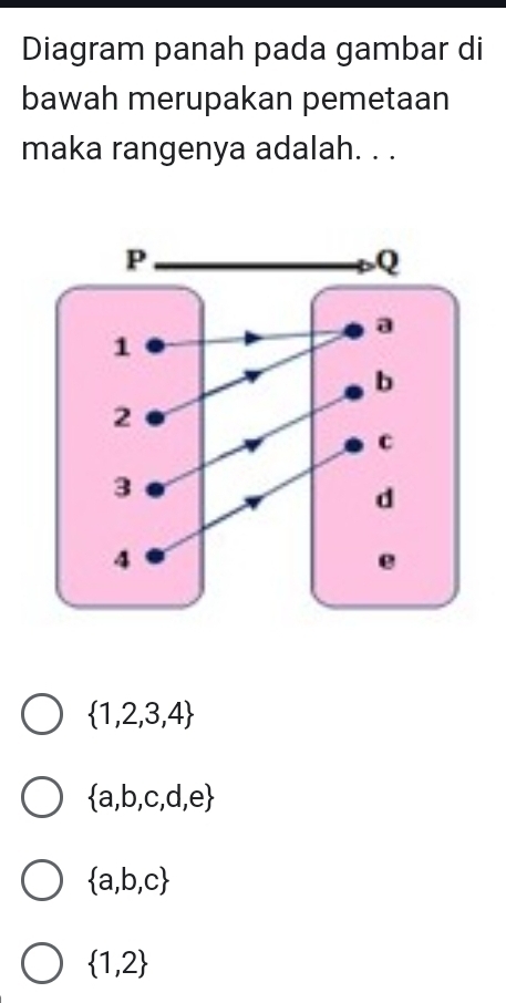 Diagram panah pada gambar di
bawah merupakan pemetaan
maka rangenya adalah. . .
 1,2,3,4
 a,b,c,d,e
 a,b,c
 1,2