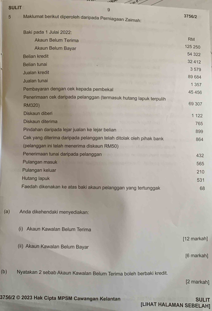 SULIT 
9

3756/2
5 Maklumat berikut diperoleh daripada Perniagaan Zaimah: 
Baki pada 1 Julai 2022: 
Akaun Belum Terima
RM
Akaun Belum Bayar
125 250
Belian kredit
54 322
Belian tunai 32 412
3 579
Jualan kredit
89 684
Jualan tunai 
1 357
Pembayaran dengan cek kepada pembekal 45 456
Penerimaan cek daripada pelanggan (termasuk hutang lapuk terpulih
RM320)
69 307
Diskaun diberi 1 122
Diskaun diterima 765
Pindahan daripada lejar jualan ke lejar belian
899
Cek yang diterima daripada pelanggan telah ditolak oleh pihak bank 864
(pelanggan ini telah menerima diskaun RM50) 
Penerimaan tunai daripada pelanggan 432
Pulangan masuk 565
Pulangan keluar 210
Hutang lapuk 531
Faedah dikenakan ke atas baki akaun pelanggan yang tertunggak 68
(a) Anda dikehendaki menyediakan: 
(i) Akaun Kawalan Belum Terima 
[12 markah] 
(ii) Akaun Kawalan Belum Bayar 
[6 markah] 
(b) Nyatakan 2 sebab Akaun Kawalan Belum Terima boleh berbaki kredit. 
[2 markah] 
3756/2 © 2023 Hak Cipta MPSM Cawangan Kelantan [LIHAT HALAMAN SEBELAH] SULIT