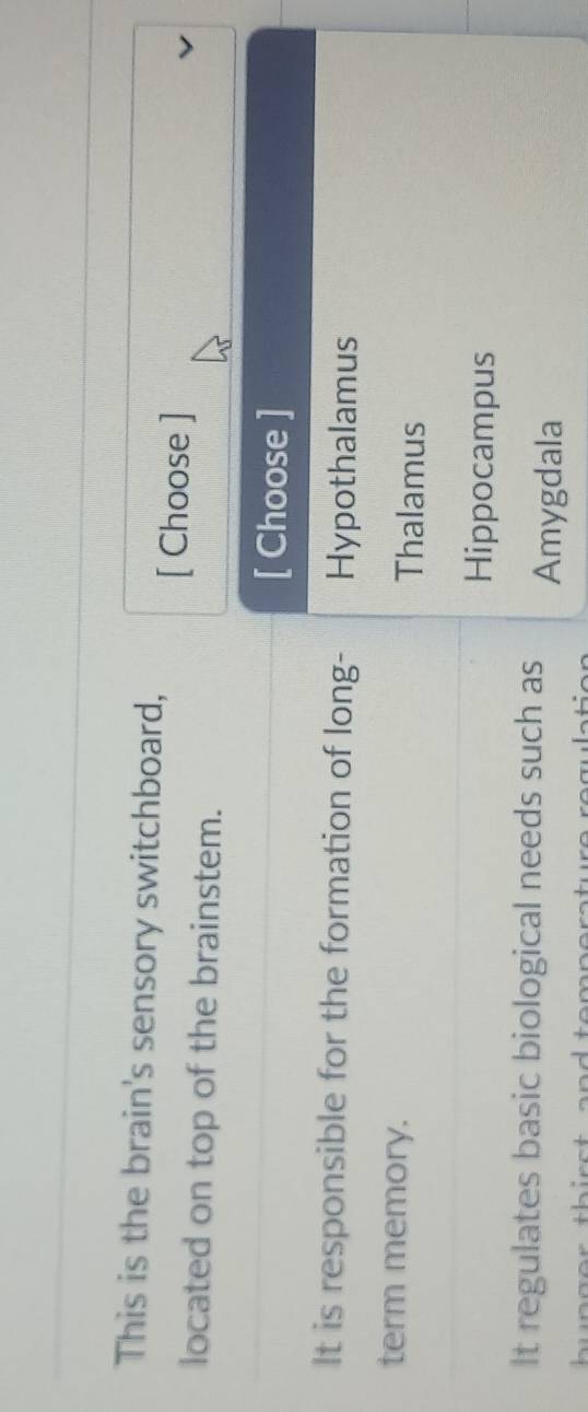 This is the brain's sensory switchboard,
[ Choose ]
located on top of the brainstem.
[ Choose ]
It is responsible for the formation of long- Hypothalamus
term memory. Thalamus
Hippocampus
It regulates basic biological needs such as Amygdala
