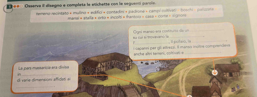 Osserva il disegno e completa le etichette con le seguenti parole. 
terreno recintato • mulino • edifici • contadini • padrone • campi coltivati » boschi » palizzata » 
mansi • stalla • orto • incolti• frantoio * casa » corte » signore 
Ogni manso era costituito da un_ 
su cui si trovavano la_ 
_il pollaio, la_ 
i capanni per gli attrezzi. Il manso inoltre comprendeva 
anche altri terreni, coltivati e_ 
La pars massaricia era divisa 
in_ 
di varie dimensioni affidati ai 
_