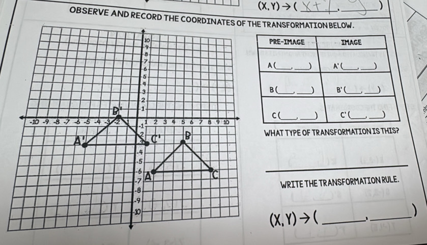 (X,Y) →( . )
OBSERVE AND RECORD THE COORDINATES OF THE TRANSFORMATION BELOW.
__
  
WHAT TYPE OF TRANSFORMATION IS THIS?
_
WRITE THE TRANSFORMATION RULE.
)
(X,Y)to ( _1_