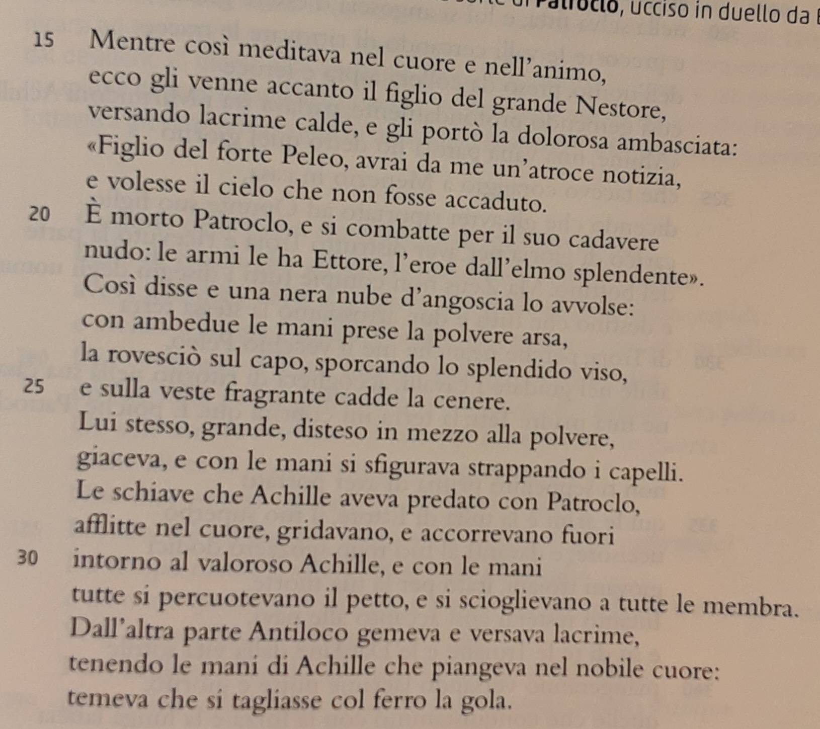 Palioclo, ucciso in duello da
15 Mentre così meditava nel cuore e nell’animo, 
ecco gli venne accanto il figlio del grande Nestore, 
versando lacrime calde, e gli portò la dolorosa ambasciata: 
«Figlio del forte Peleo, avrai da me un’atroce notizia, 
e volesse il cielo che non fosse accaduto.
20 È morto Patroclo, e si combatte per il suo cadavere 
nudo: le armi le ha Ettore, l’eroe dall’elmo splendente». 
Così disse e una nera nube d'angoscia lo avvolse: 
con ambedue le mani prese la polvere arsa, 
la rovesciò sul capo, sporcando lo splendido viso,
25 e sulla veste fragrante cadde la cenere. 
Lui stesso, grande, disteso in mezzo alla polvere, 
giaceva, e con le mani si sfigurava strappando i capelli. 
Le schiave che Achille aveva predato con Patroclo, 
afflitte nel cuore, gridavano, e accorrevano fuori
30 intorno al valoroso Achille, e con le mani 
tutte si percuotevano il petto, e si scioglievano a tutte le membra. 
Dall’altra parte Antiloco gemeva e versava lacrime, 
tenendo le mani di Achille che piangeva nel nobile cuore: 
temeva che si tagliasse col ferro la gola.