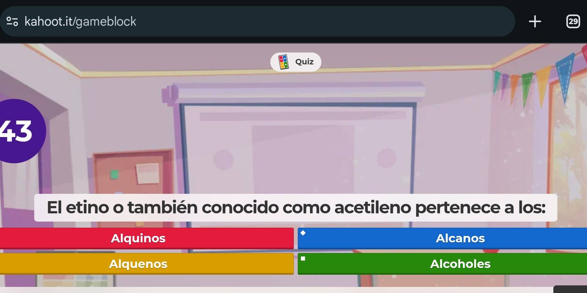 +
Quiz
43
El etino o también conocido como acetileno pertenece a los:
◆
Alquinos Alcanos
I
Alquenos Alcoholes