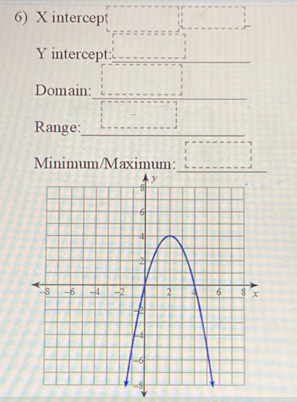 X intercep(
Y intercept: 
Domain: 
Range: 
Minimum/Maximum: