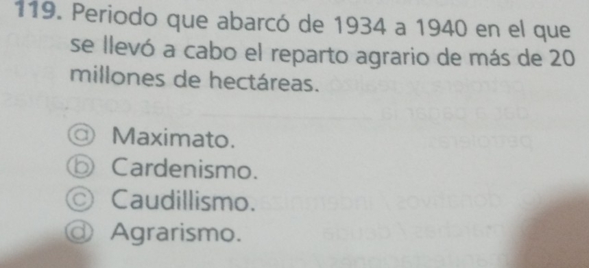 Periodo que abarcó de 1934 a 1940 en el que
se llevó a cabo el reparto agrario de más de 20
millones de hectáreas.
Maximato.
Cardenismo.
○ Caudillismo.
Agrarismo.