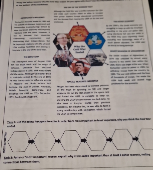 at the botlam of the eakchee uy the bel  w tto _ed t - -  - _
------
---_-__          
GORBACHEVS INPLUERCE  ao tug  
Gortachee became leader in 1885 and
Nx policies of Glasnet (rpenness) andte _  
Perestpika (restructuring) simed  t
_
save the Soviet economy and improue -__
relatiouss with the West. However, 8------
abandoning led to Warsw Pact countries       _ _  
communism
demanding their independence. But and
he improved relations with the UK and _  - o 
USA, ending hostilities and playing sh pr danced, the  i
key role in the ead of the Cold War. he ay to being tartropt .
NTET INASON OB ARARITA
THE 1991 COUPe Sovee mation of rheniston =
The attempted coup of August 19979 - cied t -
left the USSR weak and the verge ourtry in the wrld ten withle the
collapse. Lithuania had declareSH, tere was anger ot the we ten
independence in 1990 and most otherorfsces came to prser in 1999, no
did the same. Although Gorbachev trieithdkesw coops from the country by
989. The war cost tillions and the lives
to maintain control, by the end of 199f thousands of croops, this made the
he was barely able to influence event
in Moscow and Boris Yeltsin hadSSIt look weal and closed huge
become the man in power. However,  Reagan had been determined to increase pressure problems for the economy .
Yeltsin favoured democracy, and on the USSR by spending; on SOI and larger
dissolved the USSR on 17th December weapons. He put the USA ahead in the space race
1991, finishing the USSR off. and forced the USSR to compete to keep up.
knowing the USSR's economy was in a bad state. He
also took a tougher stance than previous 
presidents, but despite this, he was able to form a
strong relationship with Gorbachev, which forced
the USSR to compramise.
Task 1: Use the below hexagons to write, in order from most important to least important, why you think the Cald War
Task 2: For your ‘most important’ reason, explain why it was more important than at least 2 other reasons, making
connections between them.