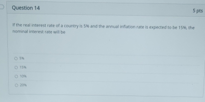 If the real interest rate of a country is 5% and the annual inflation rate is expected to be 15%, the
nominal interest rate will be
5%
15%
10%
20%