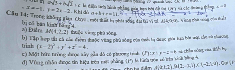 quay mnh pháng D quanh trục Ox la 2xv.
asqrt(3)+bsqrt(2)+c là diện tích hình phẳng giới hạn bởi độ thị (H) và các đường thắng x=0
, x=-1, y=2x-2. Khi đó a+b+c=11. 
Câu 14: Trong không gian Oxyz , một thiết bị phát sống đặt tại vị trì A(4;0;0). Vùng phủ sóng của thiết 
bị có bán kính bằng 4. 
a) Điểm M(4;2;2) thuộc vùng phủ sóng. 
b) Tập hợp tất cả các điểm thuộc vùng phủ sóng của thiết bị được giới hạn bởi mặt cầu có phương 
trình (x-2)^2+y^2+z^2=4. 
c) Một bức tường được xây gần đó có phương trình (P):x+y-z=6 sẽ chắn sóng của thiết bị. 
d) Vùng nhận được tin hiệu trên mặt phẳng (P) là hình tròn có bán kinh bằng 4. 
cho ha điểm A(0;1;2), B(2;-2;1), C(-2;1;0). Gọi ( P